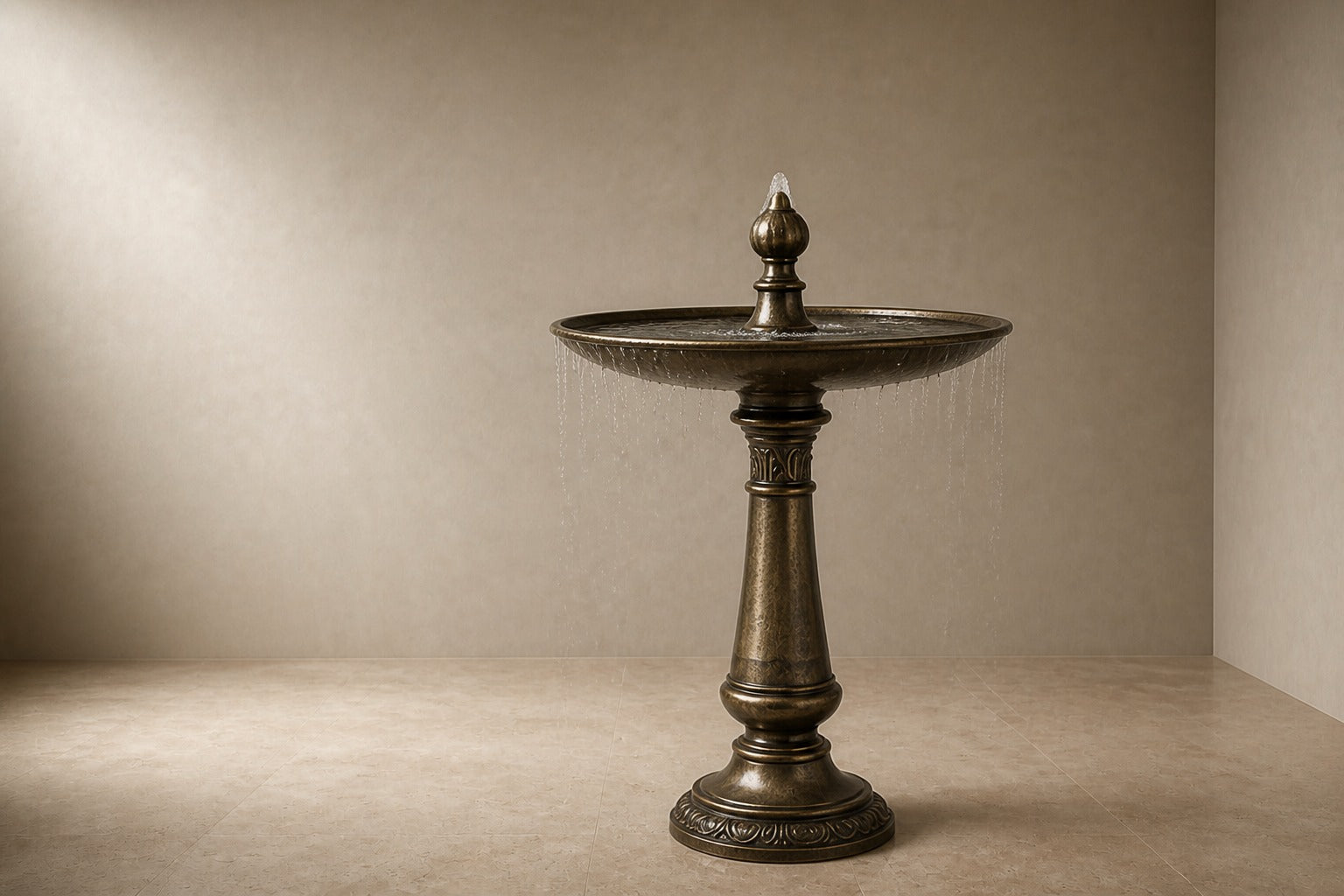 Stone pedestal fountain Cascina Ø65, antique bronze with olive depths, on a pale stone floor.