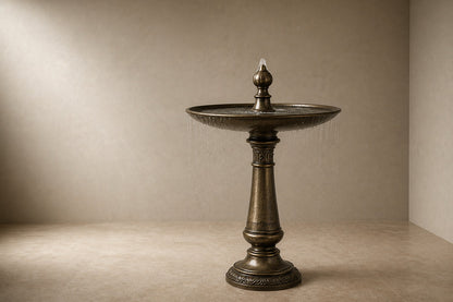 Stone pedestal fountain Cascina Ø65, antique bronze with olive depths, on a pale stone floor.