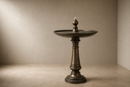 Cascina Ø65 stone pedestal fountain, three-quarter studio view showing its profile and base