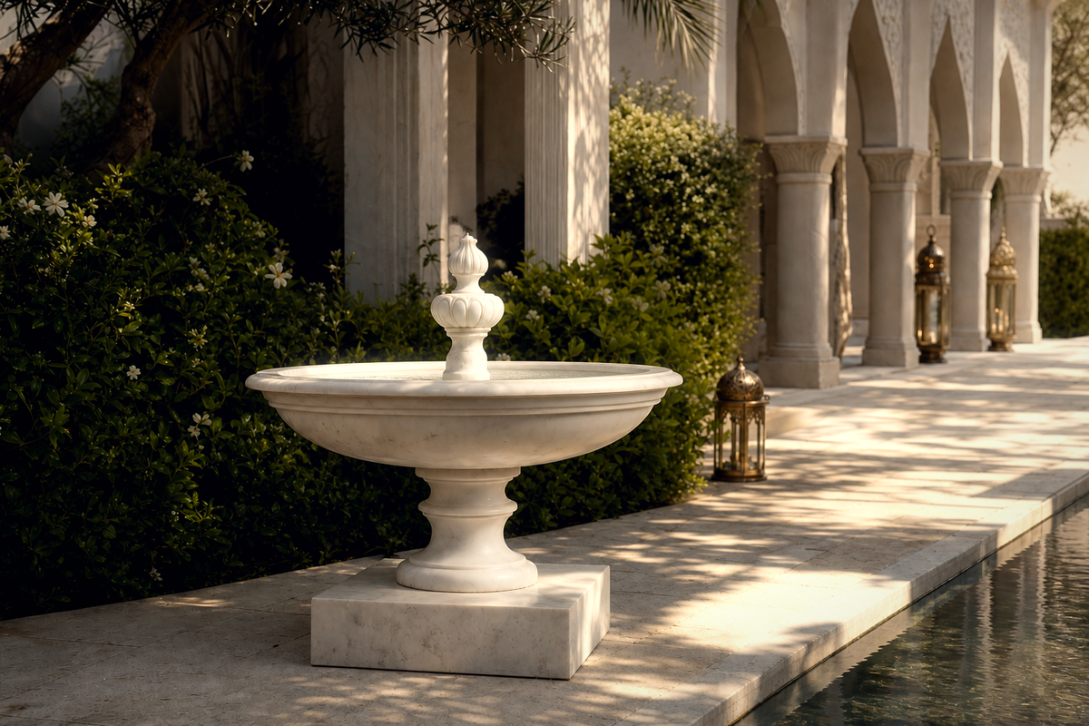 Caserta stone tiered fountain, shown in a furnished interior setting