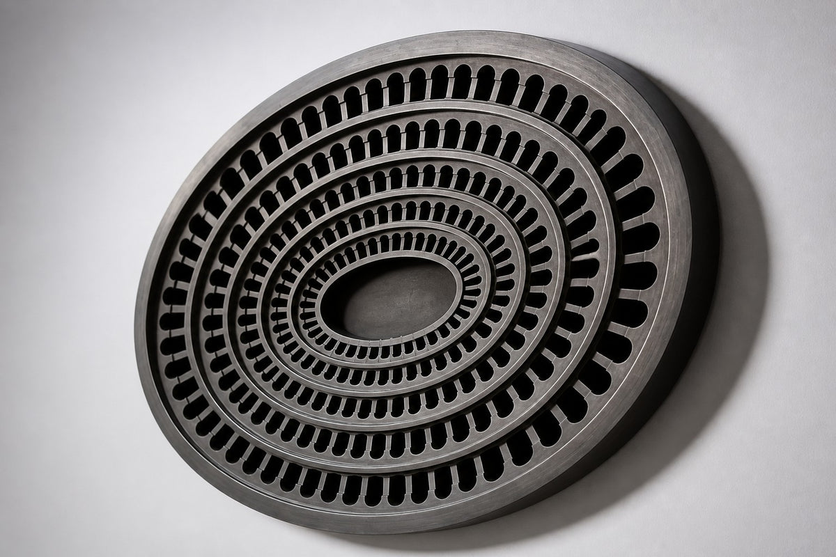 Cavea — 200 × 14 cm gunmetal oval wall relief of concentric rings of arched openings, three-quarter studio view showing its profile