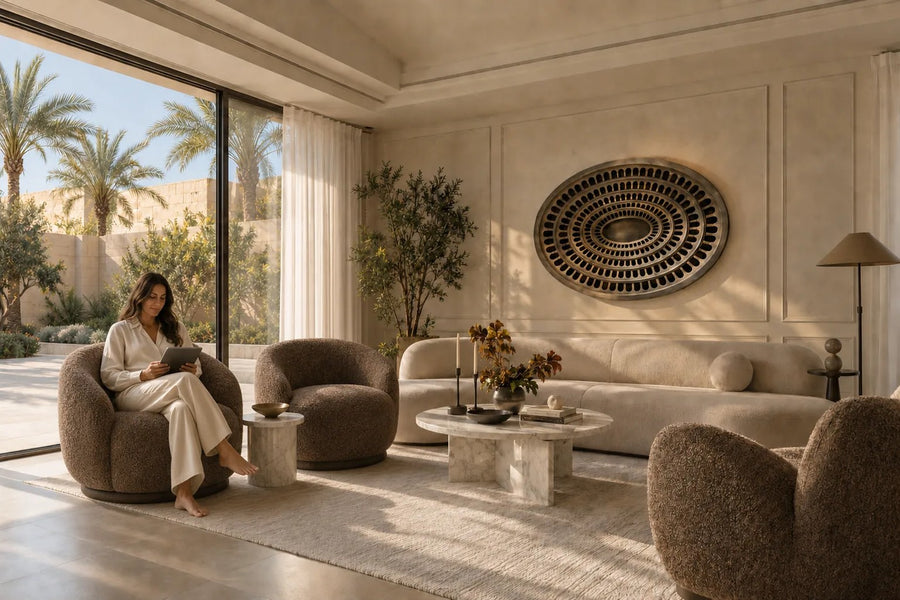 Cavea — 200 × 14 cm gunmetal oval wall relief of concentric rings of arched openings, placed in a furnished room