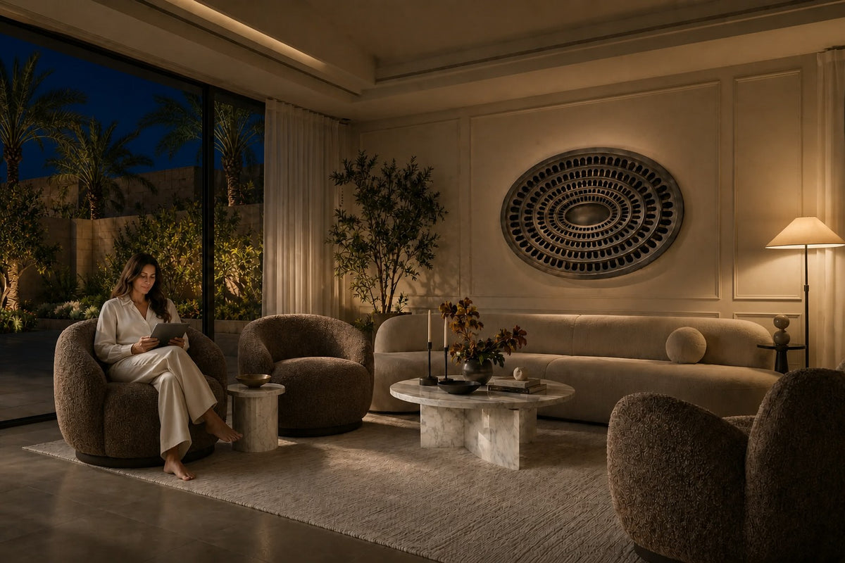 Cavea — 200 × 14 cm gunmetal oval wall relief of concentric rings of arched openings, the same room at night, lamps on