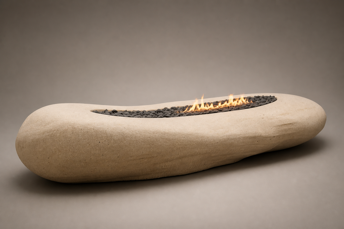 Cenera stone fireplace, studio view of the whole piece
