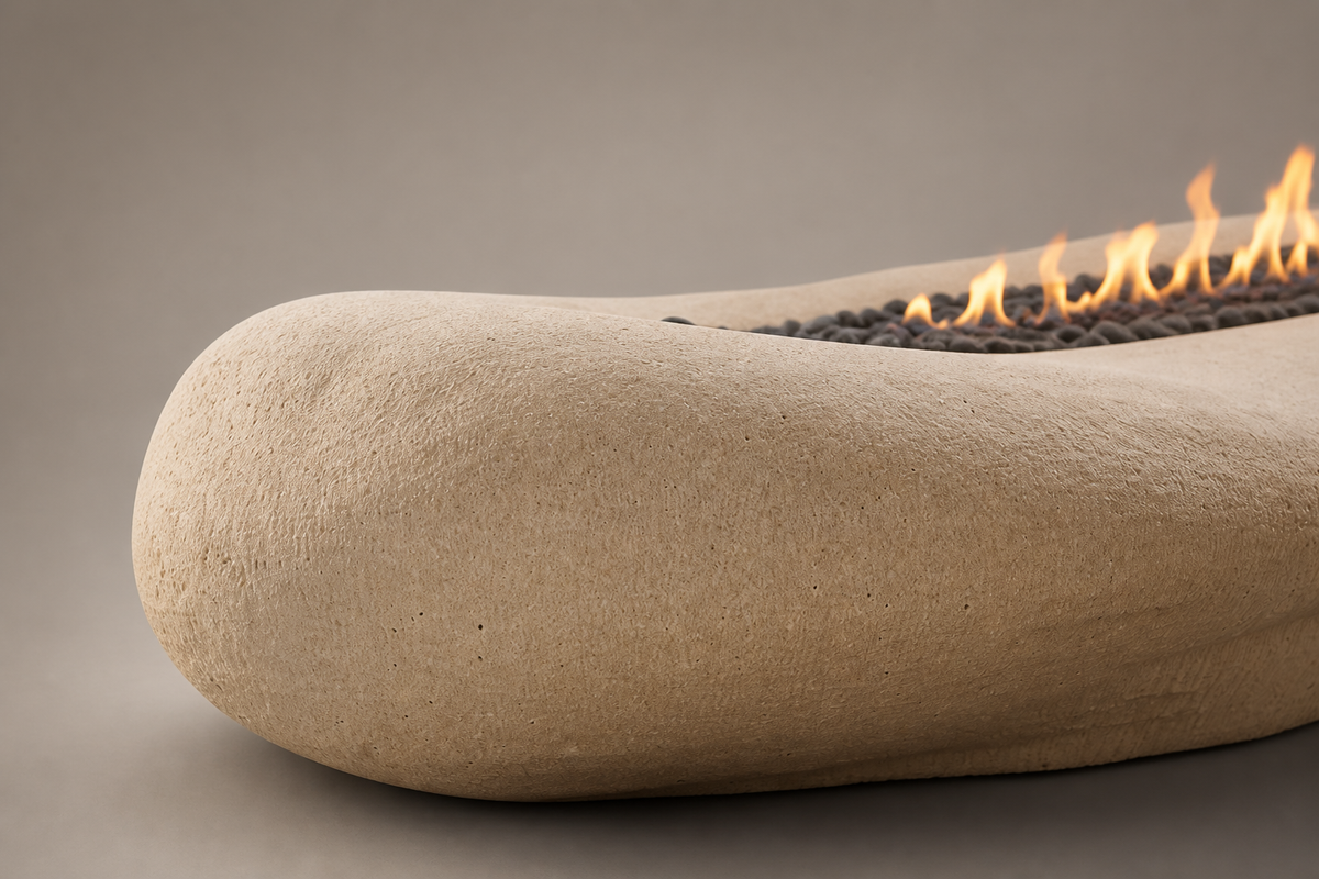 Cenera stone fireplace, close studio detail of the surface and material