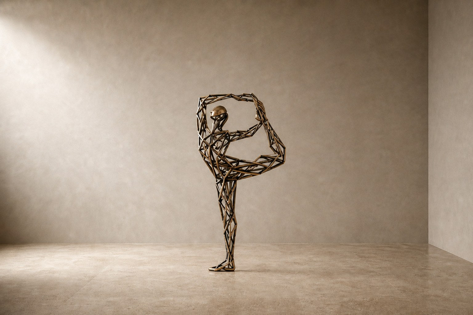Bronze strut-cage figure sculpture Centina in a backbend on one leg, gilt and blackened, on a fluted travertine drum plinth.