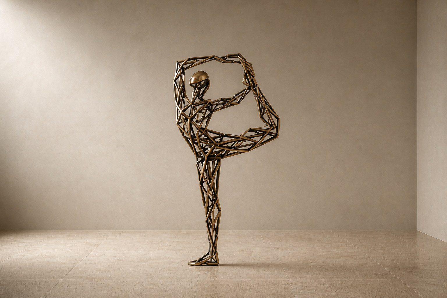 Bronze strut-cage figure sculpture Centina in a backbend on one leg, gilt and blackened, on a fluted travertine drum plinth.
