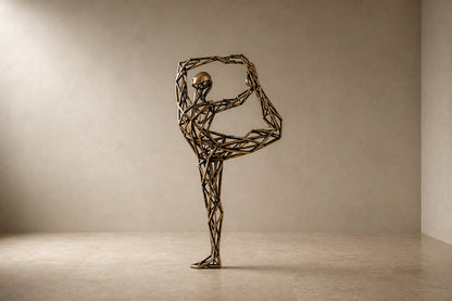 Bronze strut-cage figure sculpture Centina in a backbend on one leg, gilt and blackened, on a fluted travertine drum plinth.