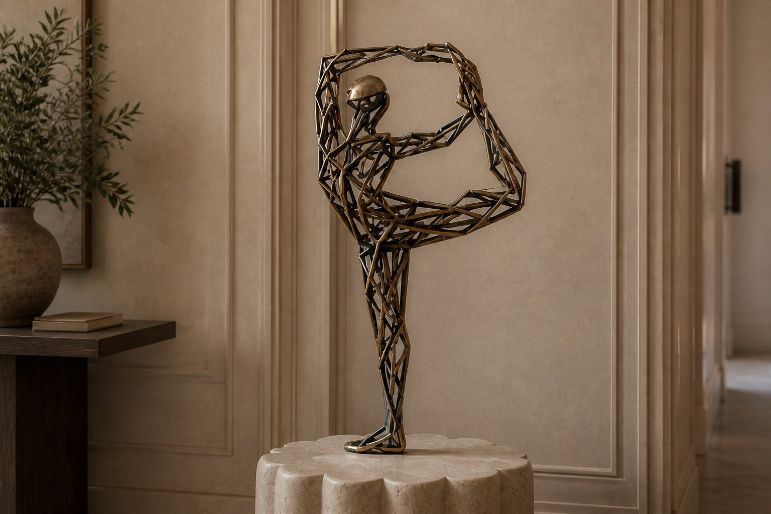 Bronze strut-cage figure sculpture Centina in a backbend on one leg, gilt and blackened, on a fluted travertine drum plinth.