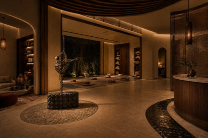 Bronze strut-cage figure sculpture Cesello in arabesque with arm extended, on a dark quilted stone block.