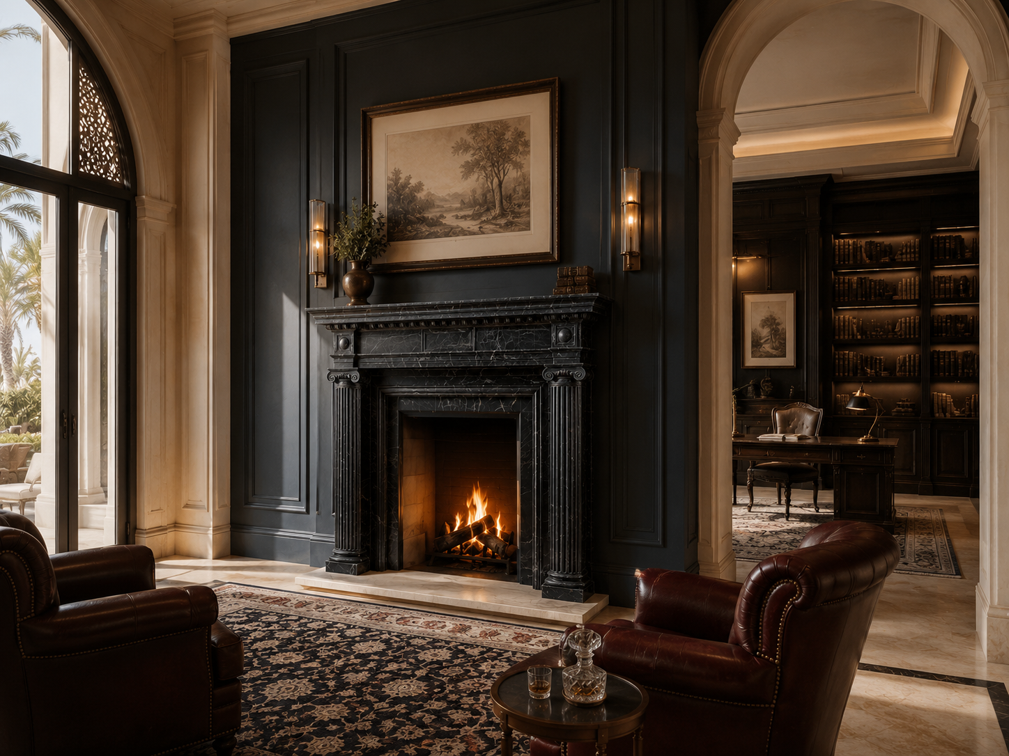 Kokoro black marble fireplace mantel by 1-OPH, in a Dubai interior