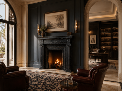Kokoro black marble fireplace mantel by 1-OPH, in a Dubai interior