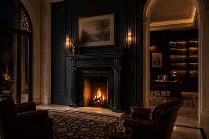 Kokoro black marble fireplace mantel by 1-OPH, lit at night