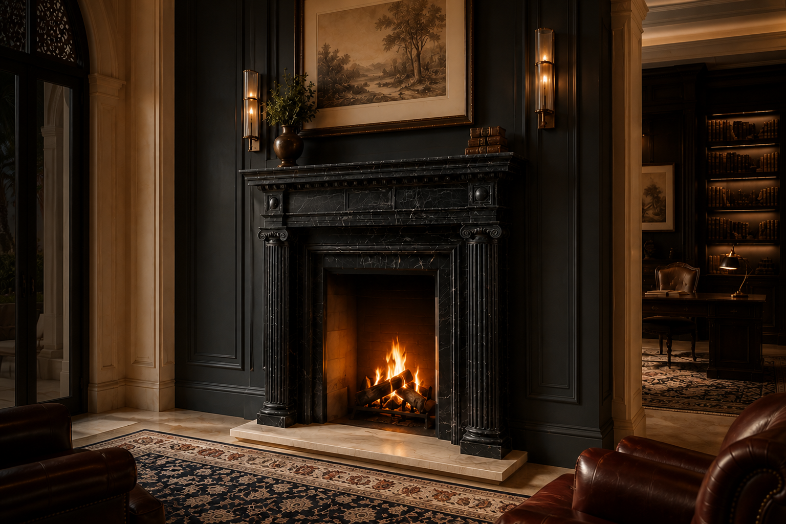 Kokoro black marble fireplace mantel by 1-OPH, carved detail