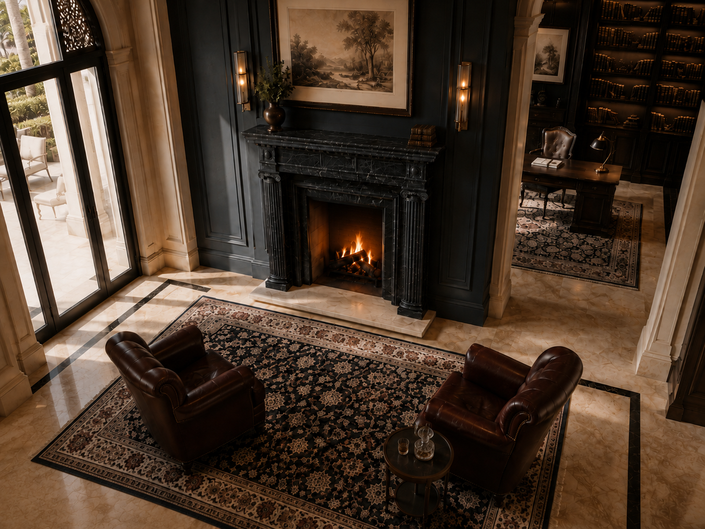 Kokoro black marble fireplace mantel by 1-OPH, seen from above