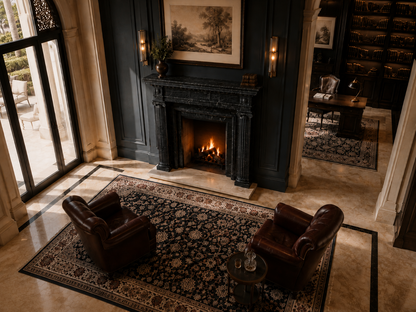 Kokoro black marble fireplace mantel by 1-OPH, seen from above