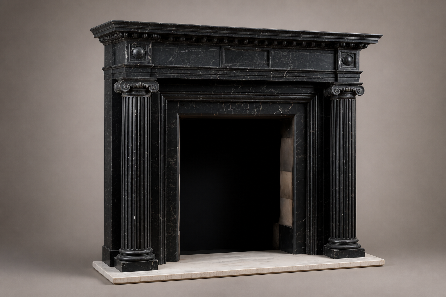 Kokoro black marble fireplace mantel by 1-OPH, studio view