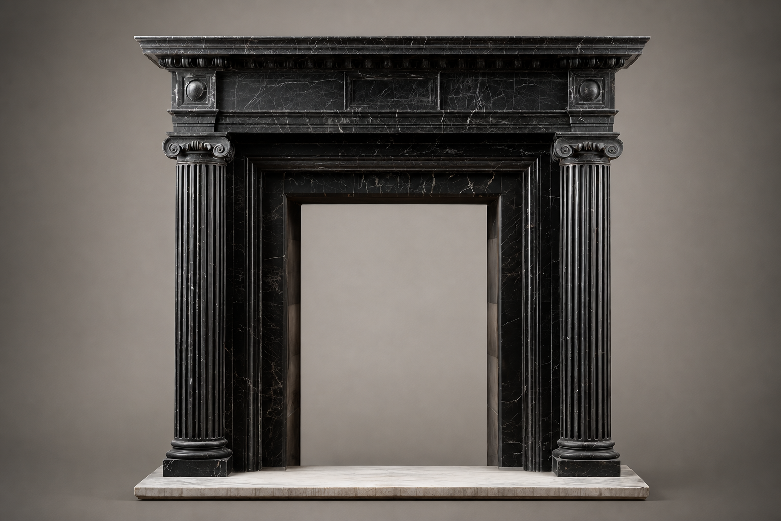 Kokoro black marble fireplace mantel by 1-OPH, side elevation
