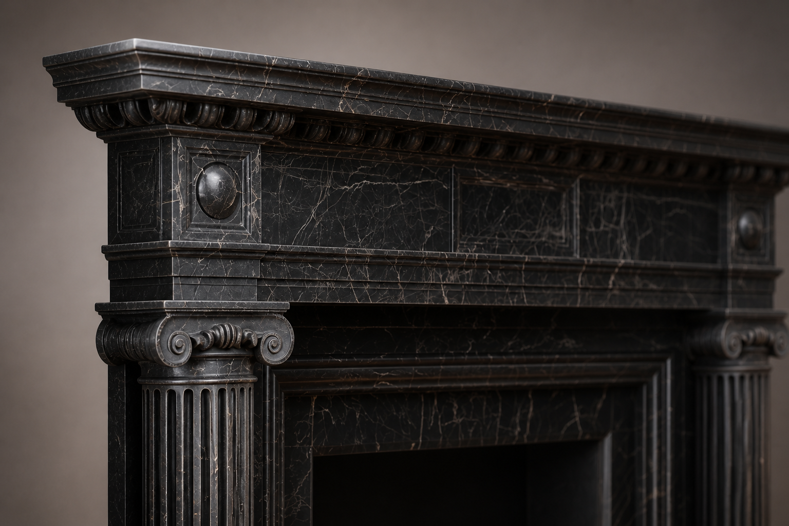 Kokoro black marble fireplace mantel by 1-OPH, surface detail