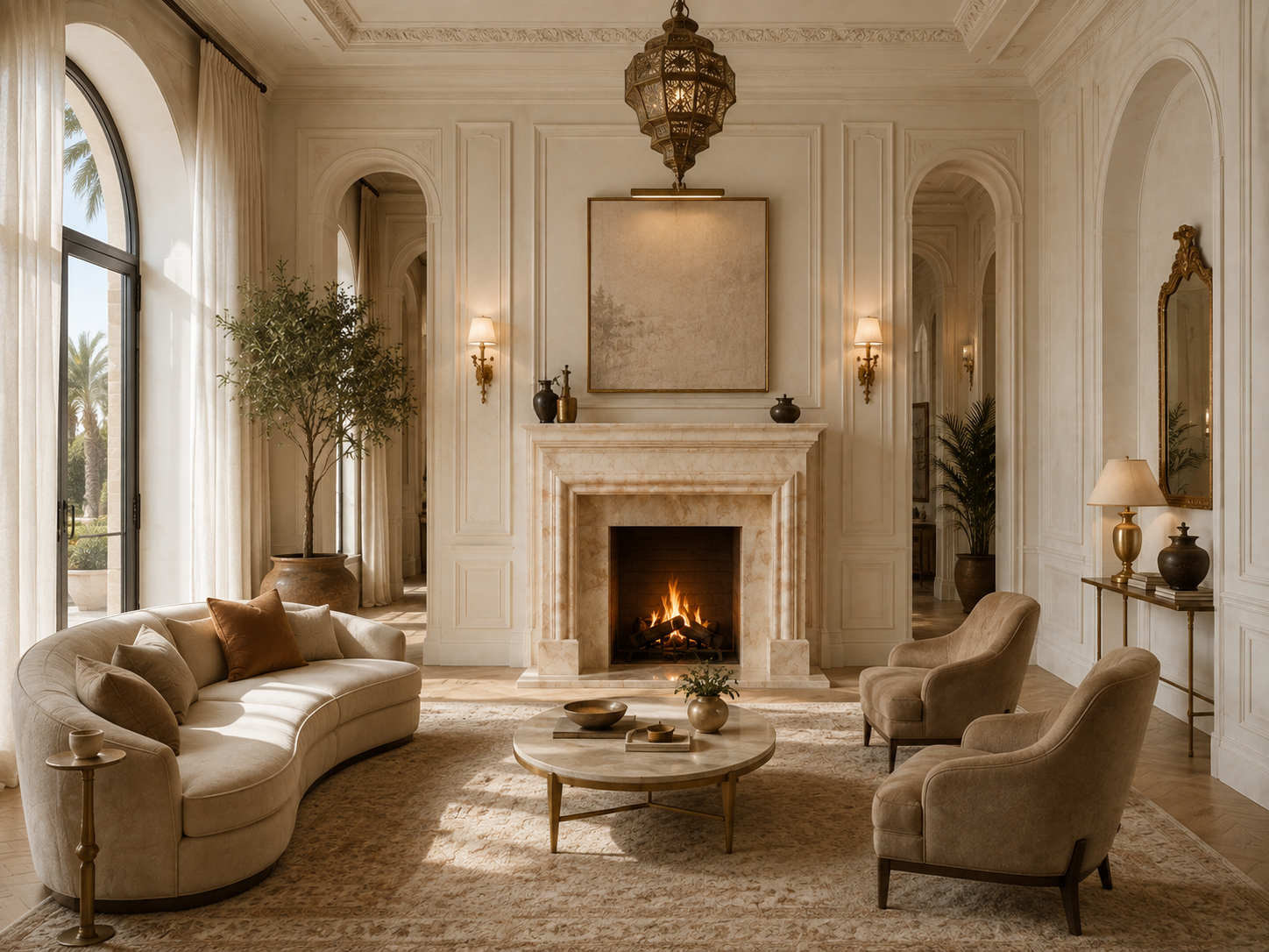Dafa crema marfil marble fireplace mantel by 1-OPH, in a Dubai interior