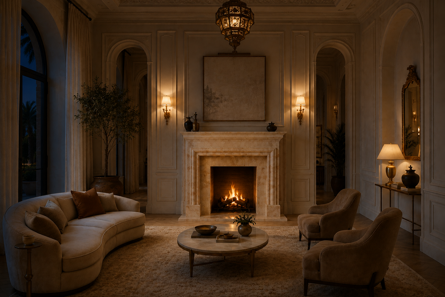 Dafa crema marfil marble fireplace mantel by 1-OPH, lit at night