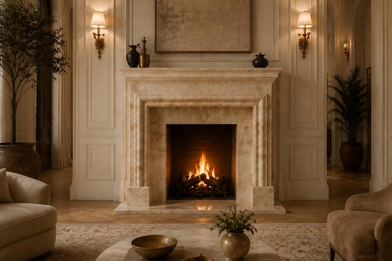 Dafa crema marfil marble fireplace mantel by 1-OPH, carved detail