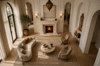 Dafa crema marfil marble fireplace mantel by 1-OPH, seen from above