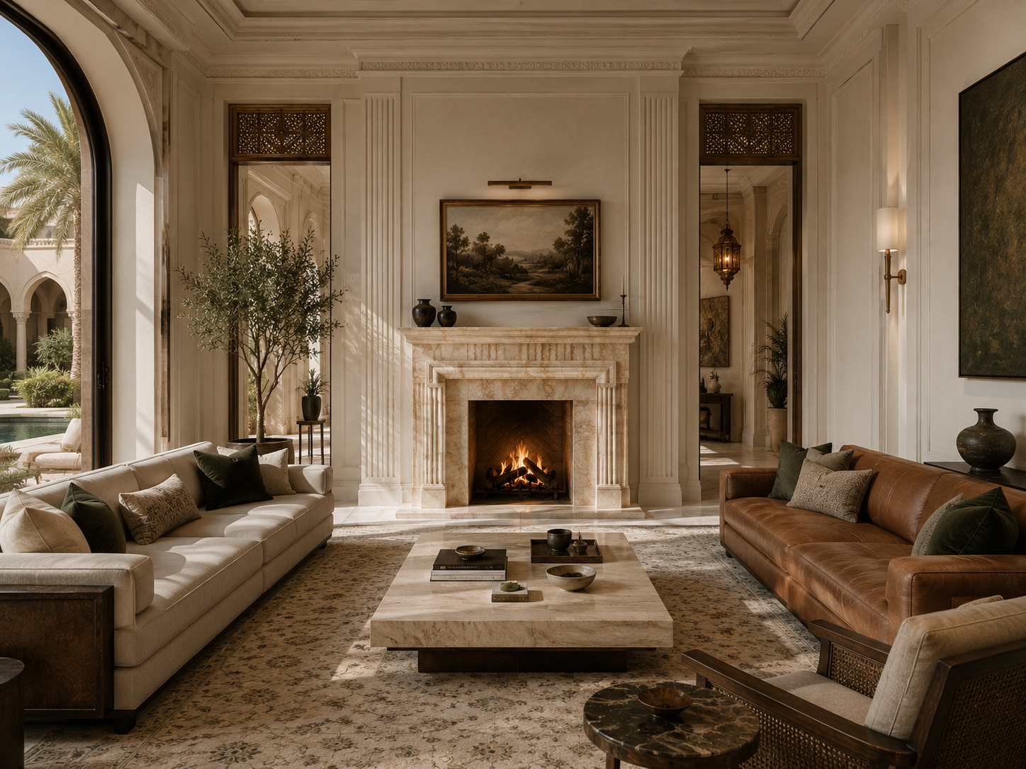 Nagomi crema marfil marble fireplace mantel by 1-OPH, in a Dubai interior