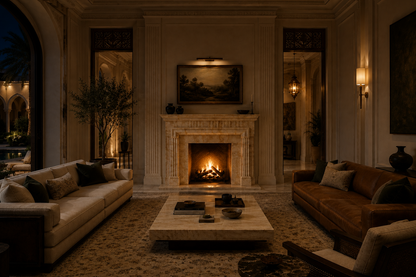 Nagomi crema marfil marble fireplace mantel by 1-OPH, lit at night