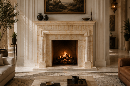 Nagomi crema marfil marble fireplace mantel by 1-OPH, carved detail