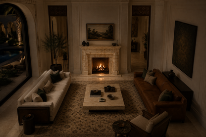 Nagomi crema marfil marble fireplace mantel by 1-OPH, seen from above