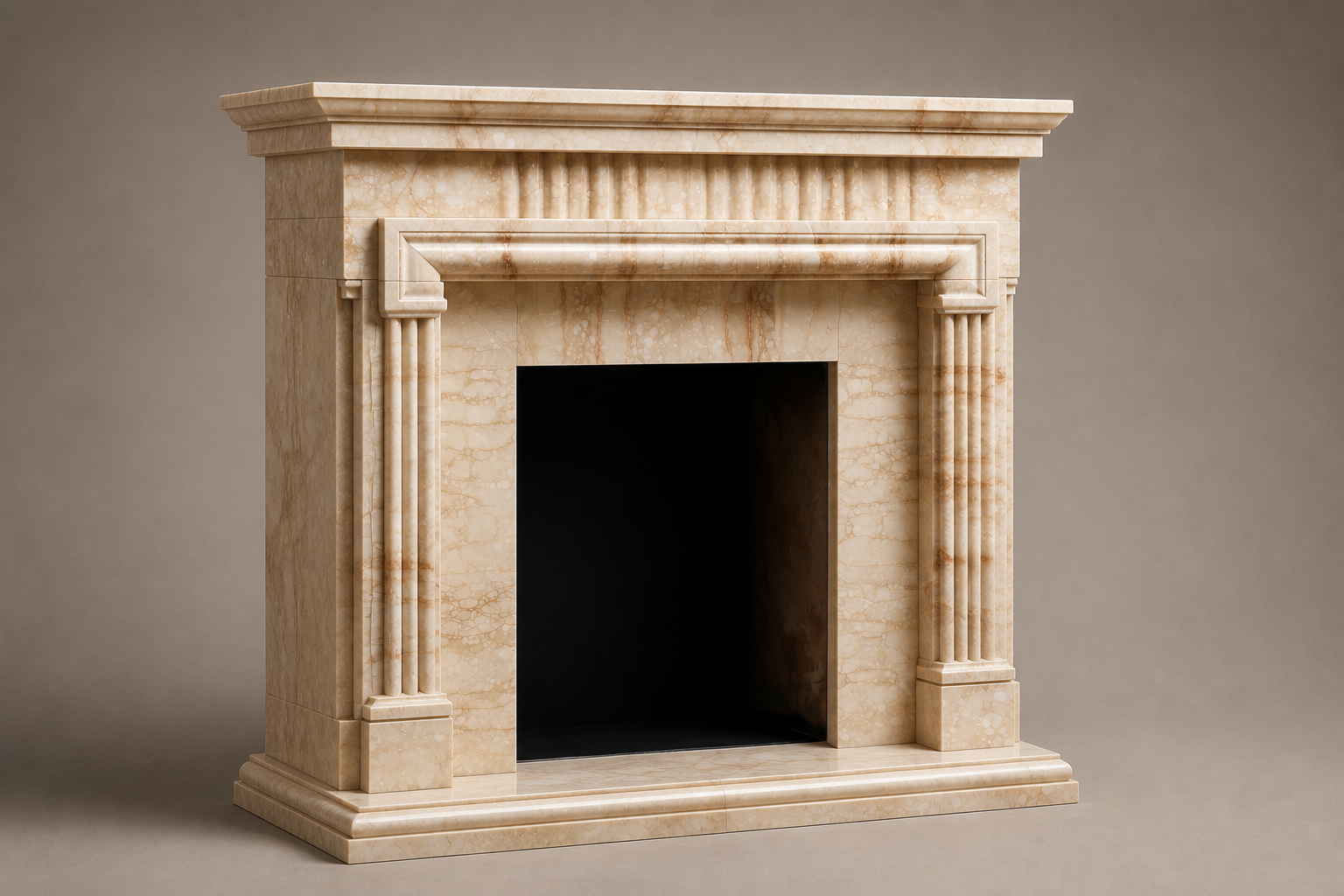 Nagomi crema marfil marble fireplace mantel by 1-OPH, studio view