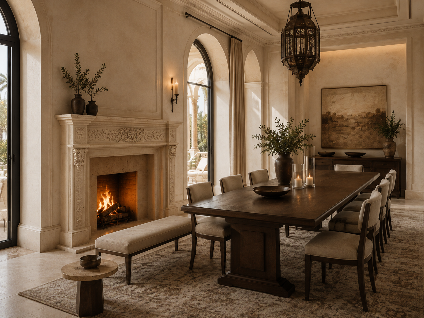 Cantera travertine fireplace mantel by 1-OPH, in a Dubai interior
