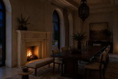 Cantera travertine fireplace mantel by 1-OPH, lit at night