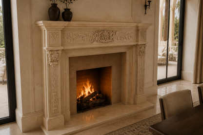 Cantera travertine fireplace mantel by 1-OPH, carved detail