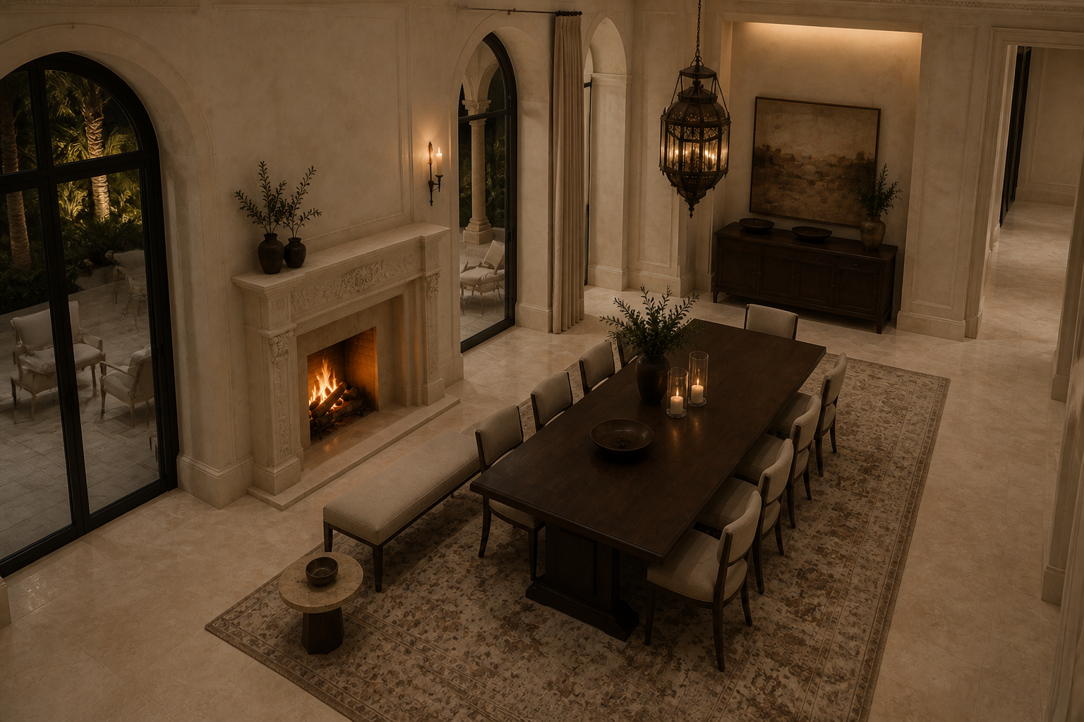 Cantera travertine fireplace mantel by 1-OPH, seen from above