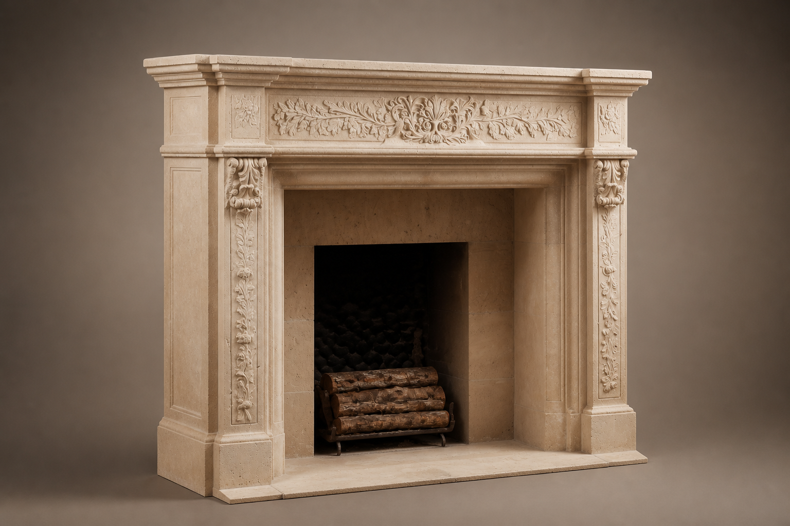 Cantera travertine fireplace mantel by 1-OPH, studio view