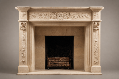 Cantera travertine fireplace mantel by 1-OPH, side elevation
