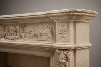 Cantera travertine fireplace mantel by 1-OPH, surface detail