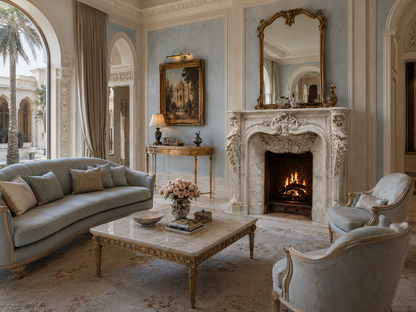 Zahra white marble fireplace mantel by 1-OPH, in a Dubai interior
