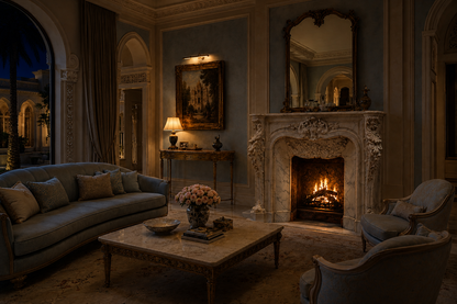 Zahra white marble fireplace mantel by 1-OPH, lit at night