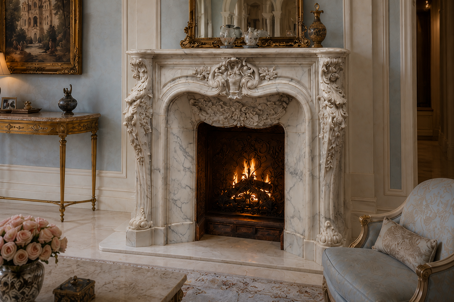 Zahra white marble fireplace mantel by 1-OPH, carved detail