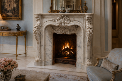Zahra white marble fireplace mantel by 1-OPH, carved detail
