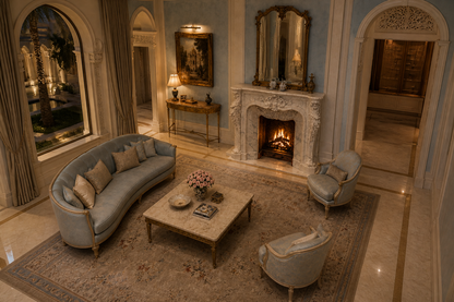 Zahra white marble fireplace mantel by 1-OPH, seen from above