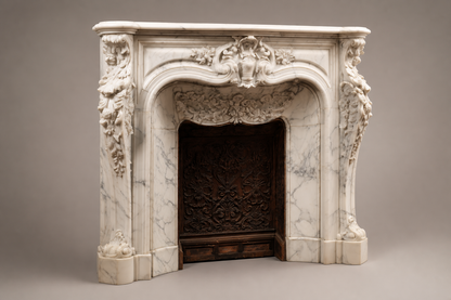 Zahra white marble fireplace mantel by 1-OPH, studio view