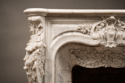 Zahra white marble fireplace mantel by 1-OPH, surface detail