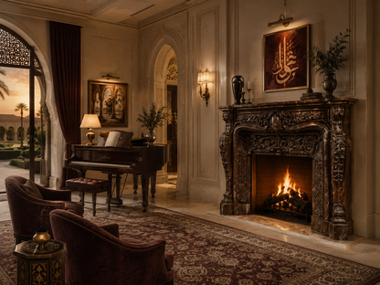 Verona rouge marble fireplace mantel by 1-OPH, in a Dubai interior