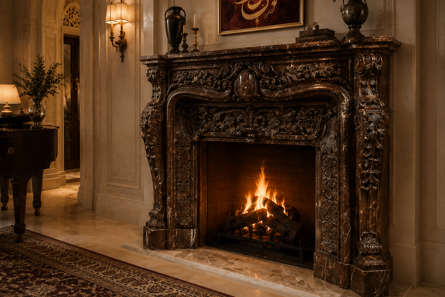 Verona rouge marble fireplace mantel by 1-OPH, carved detail
