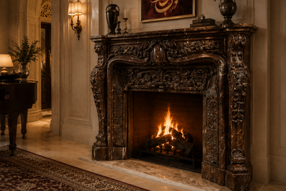 Verona rouge marble fireplace mantel by 1-OPH, carved detail