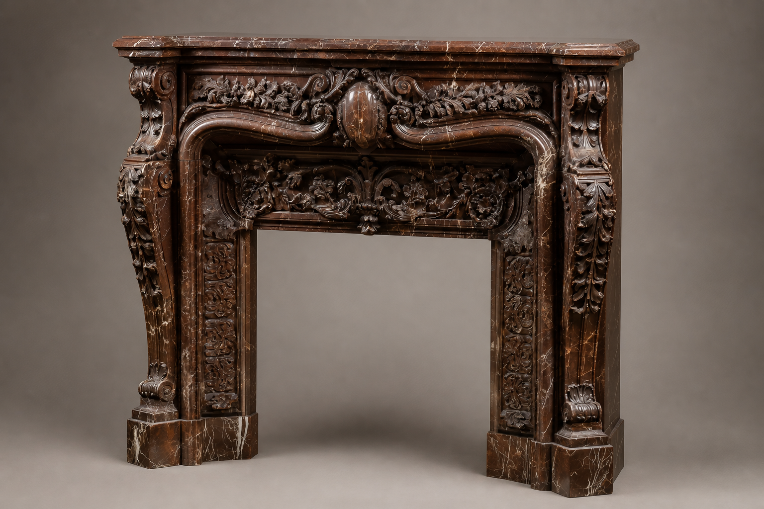 Verona rouge marble fireplace mantel by 1-OPH, studio view